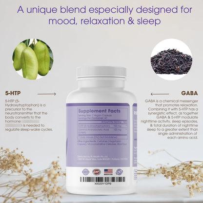 Pure 5 HTP Plus GABA Suplemento Para Sueño Estado De Ánimo Y Estrés 60 Cápsulas