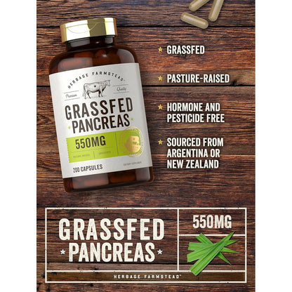 Pancreas De Carne Alimentada Con Pasto 550 Mg 200 Capsulas Suplemento Bovino Sin Omg Ni Gluten