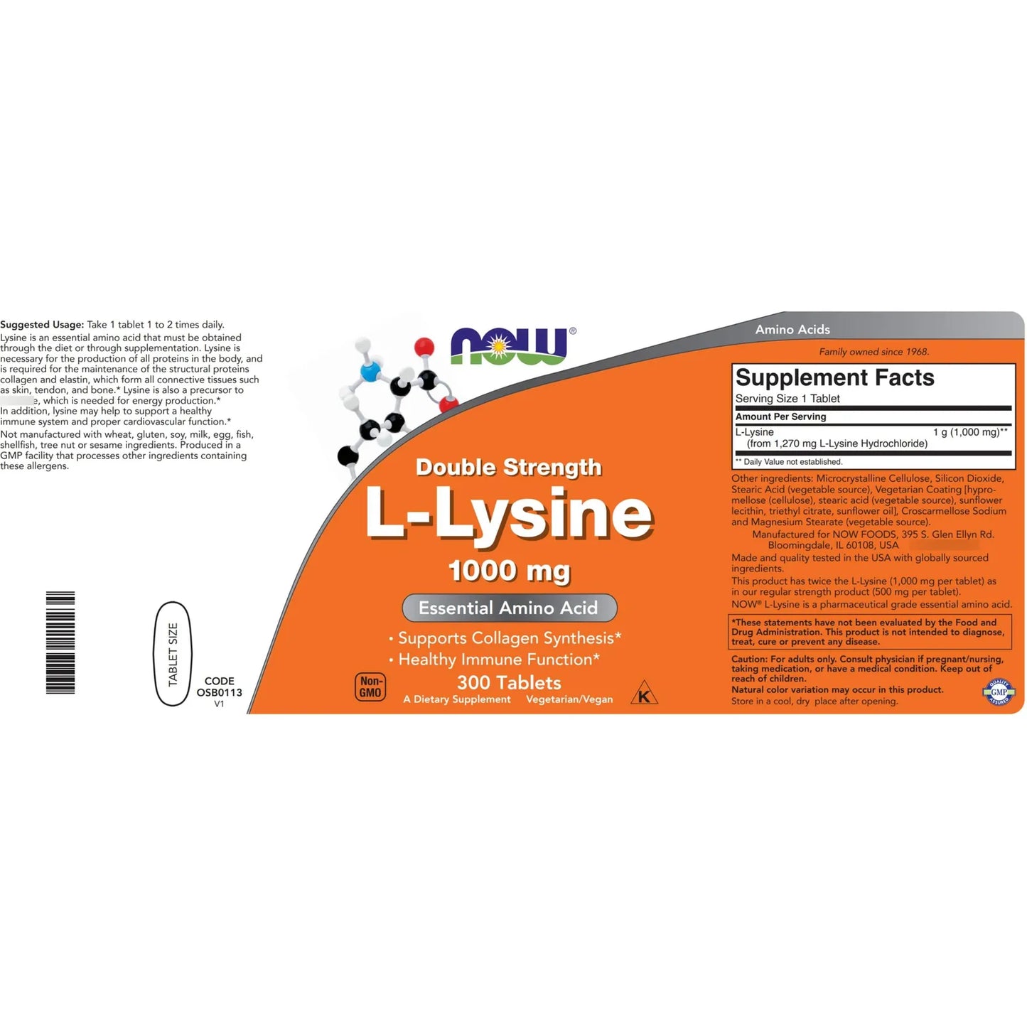 L Lisina 1000 Mg Doble Fuerza 300 Tabletas Suplemento Aminoácidos Vegano