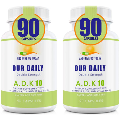 Vitaminas Doble Fuerza ADK 10 10000 Ui A1 D3 K2 Mk7 Apoyo Óseo E Inmunológico 180 Cápsulas