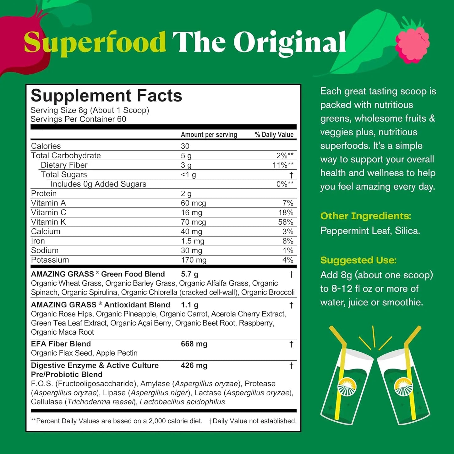 Amazing Grass Greens Blend Superalimento Original 480 Gr Polvo De Vegetales Con Probióticos