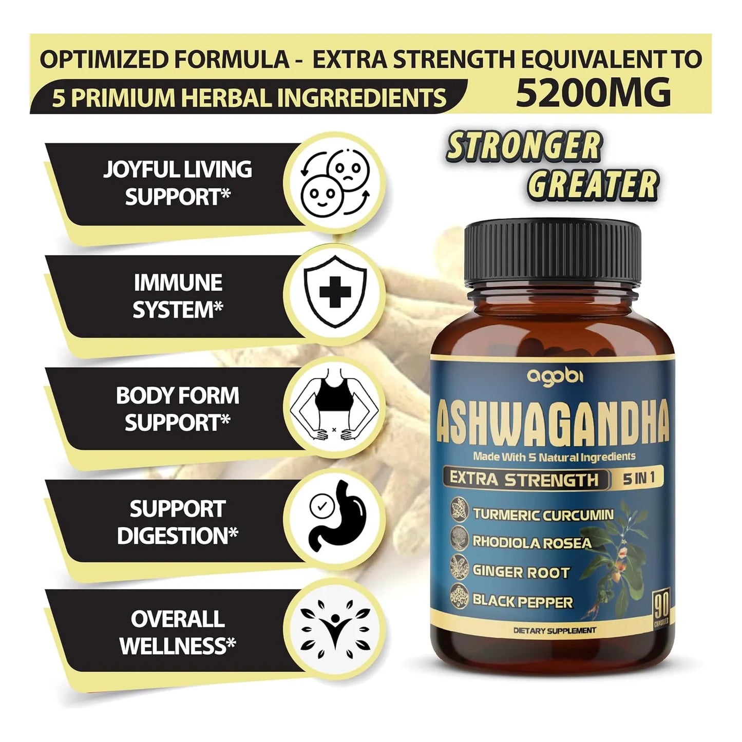 Ashwagandha 5200 Mg Con Jengibre Curcumina Rhodiola Rosea 90 Capsulas Vegano