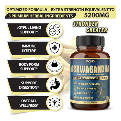 Ashwagandha 5200 Mg Con Jengibre Curcumina Rhodiola Rosea 90 Capsulas Vegano