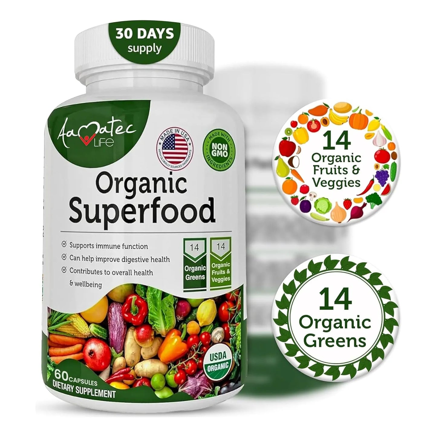 Verde Orgánico Superfood Complejo Frutas Verduras 14 Variedades Suplemento Dietético