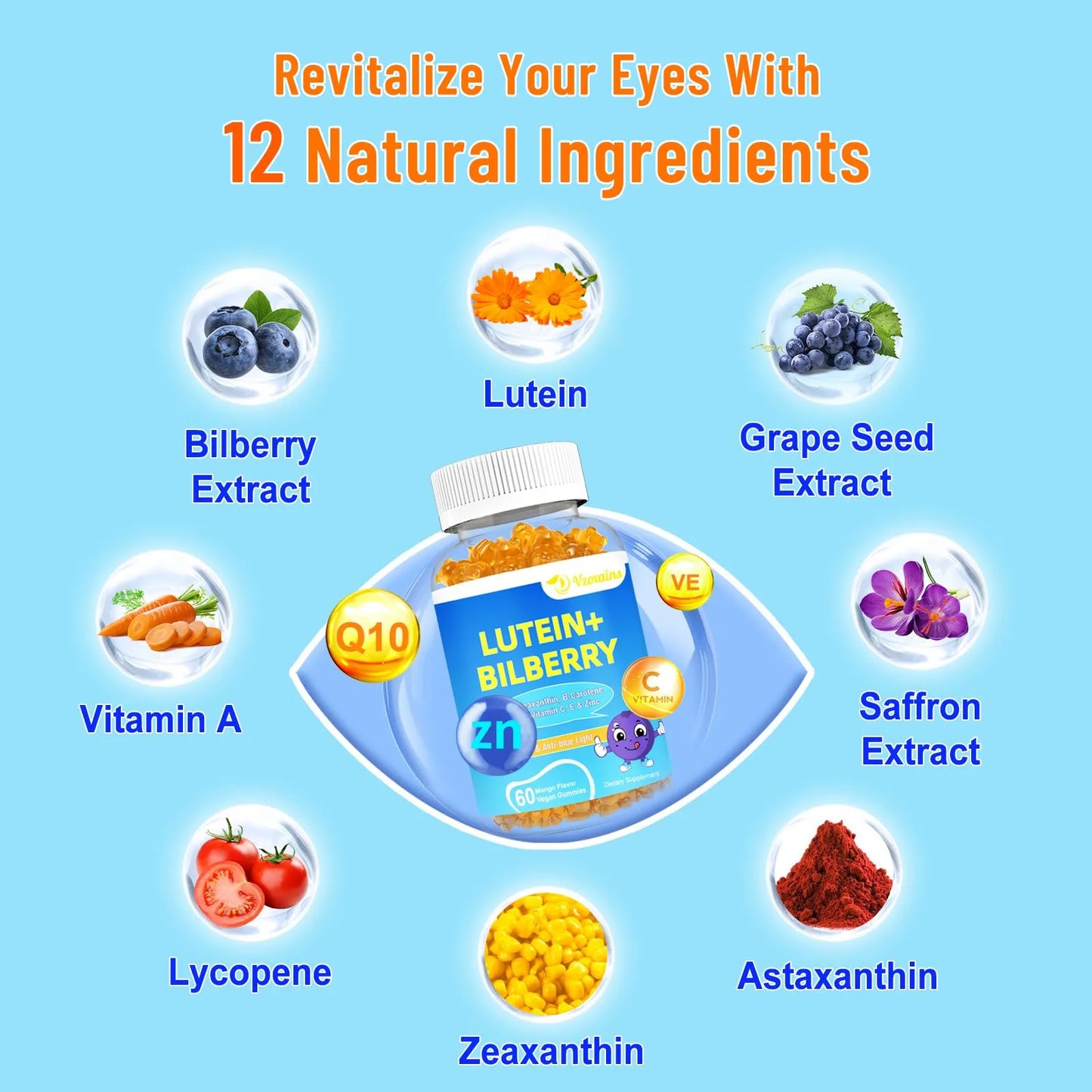 Gomitas De Luteína Y Zeaxantina 20 Mg Con Arándano Y Astaxantina Suplemento Ocular