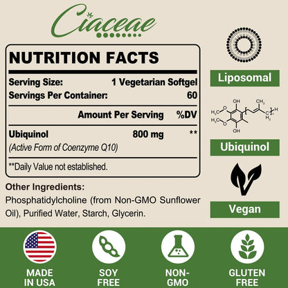 Coenzima Q10 Ubiquinol 800 Mg Cápsulas Antioxidante Energía Y Salud Cardíaca