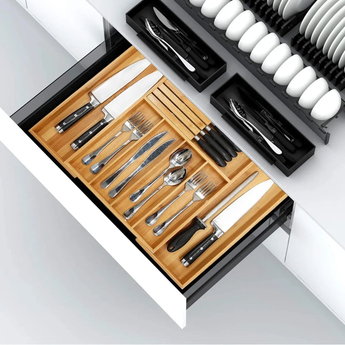 Cajon Organizador De Cubiertos De Bambu Expandible Para Cocina Multiusos