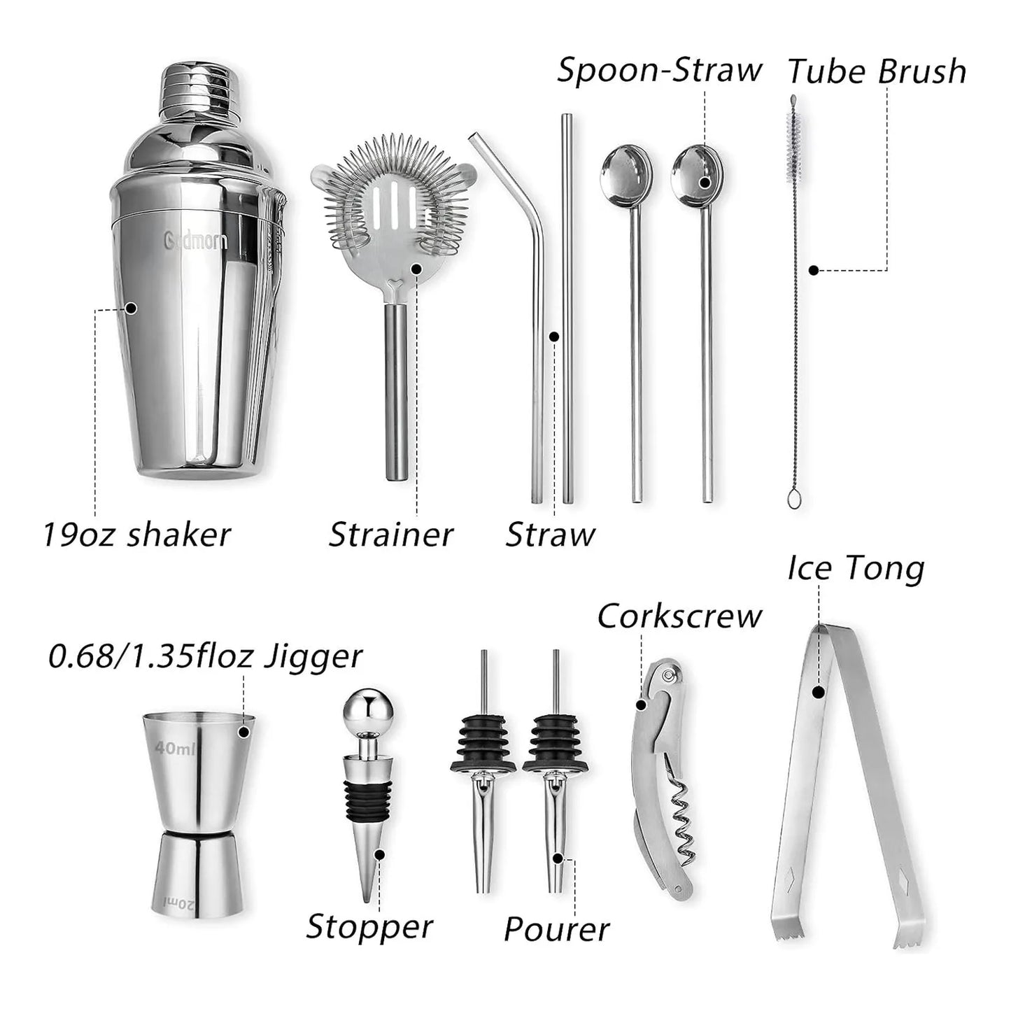 Kit De Cocteleria 15 Piezas Con Soporte Bambu Y Libro Recetas