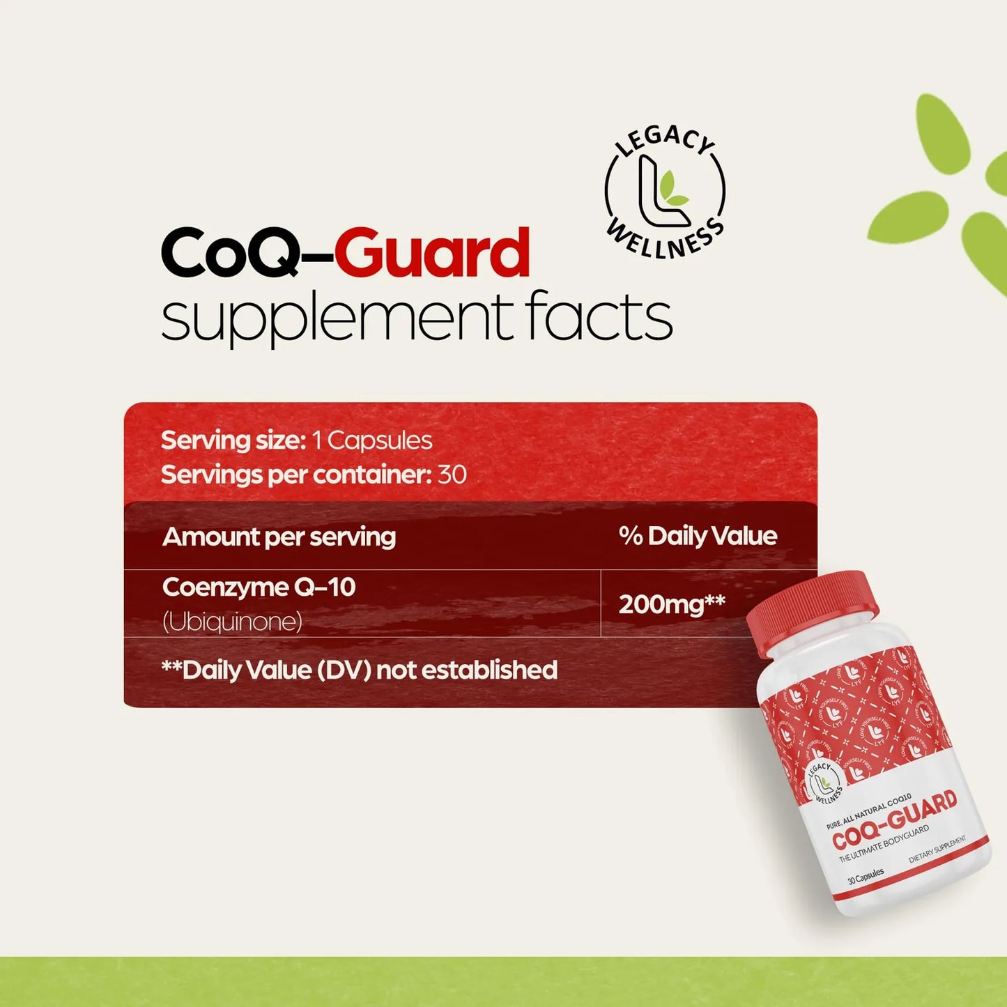 Legacy Wellness CoQ10 200 Mg Suplemento Natural Energía Corazón Antioxidante 30 Cápsulas