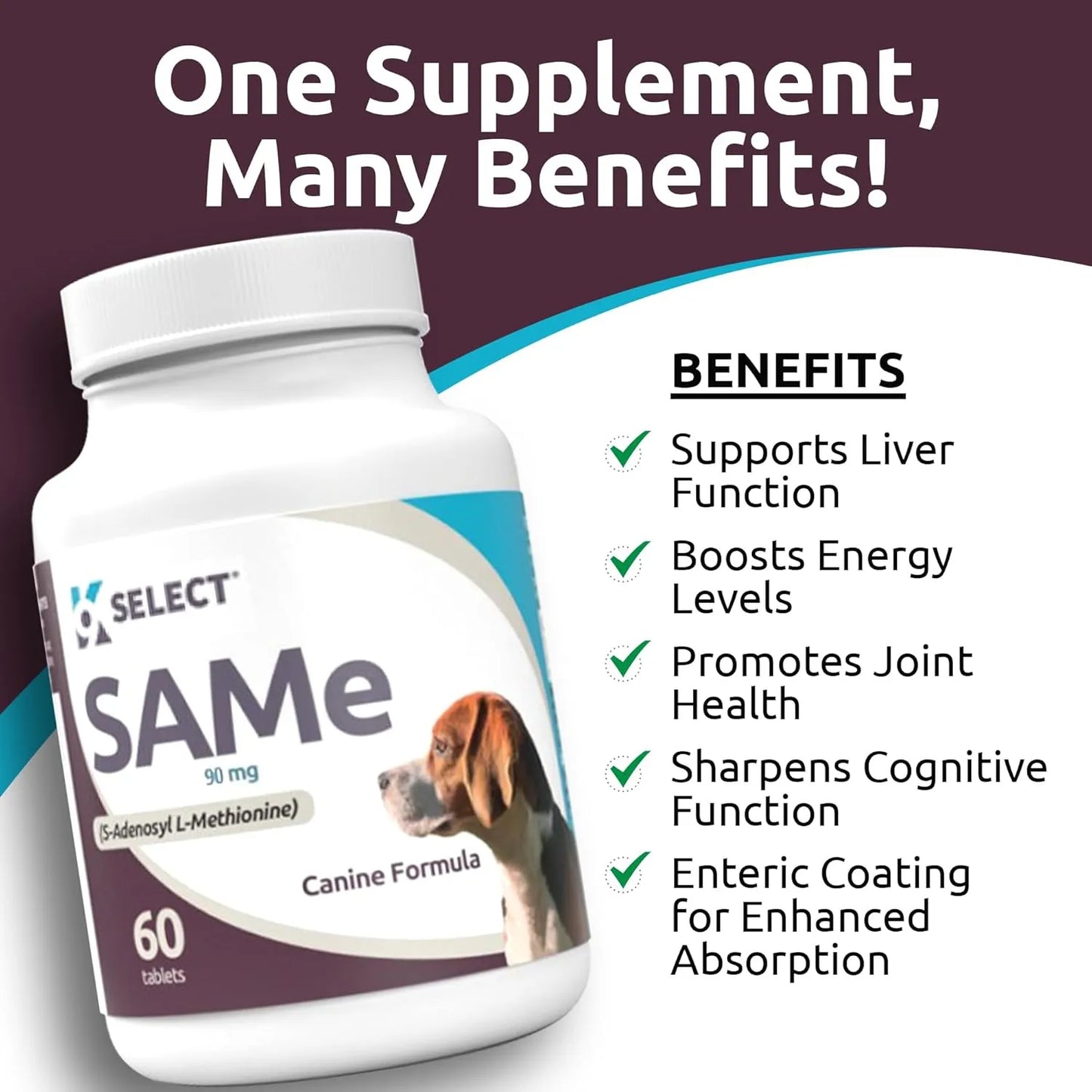 K9 Select SAM-e Para Perros Pequeños Y Medianos 60 Tabletas 90 Mg Suplemento Hepático Y Articular