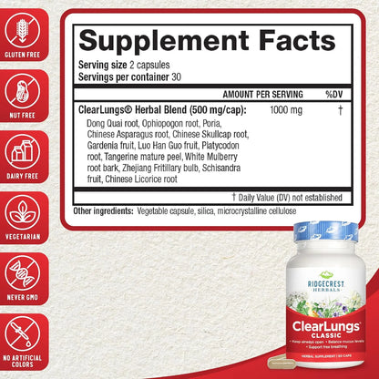 Clearlungs Apoyo Pulmonar Formula Herbal China 60 Capsulas Suplemento Respiratorio
