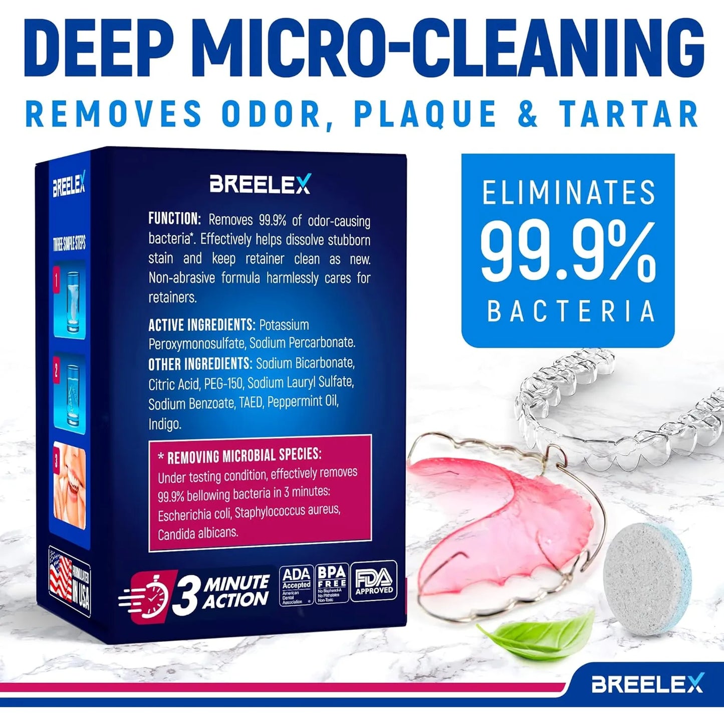Tabletas Limpiadoras Dentaduras Breelex 120 Unidades Elimina Manchas Y Bacterias