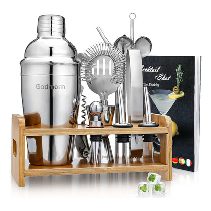 Kit De Cocteleria 15 Piezas Con Soporte Bambu Y Libro Recetas