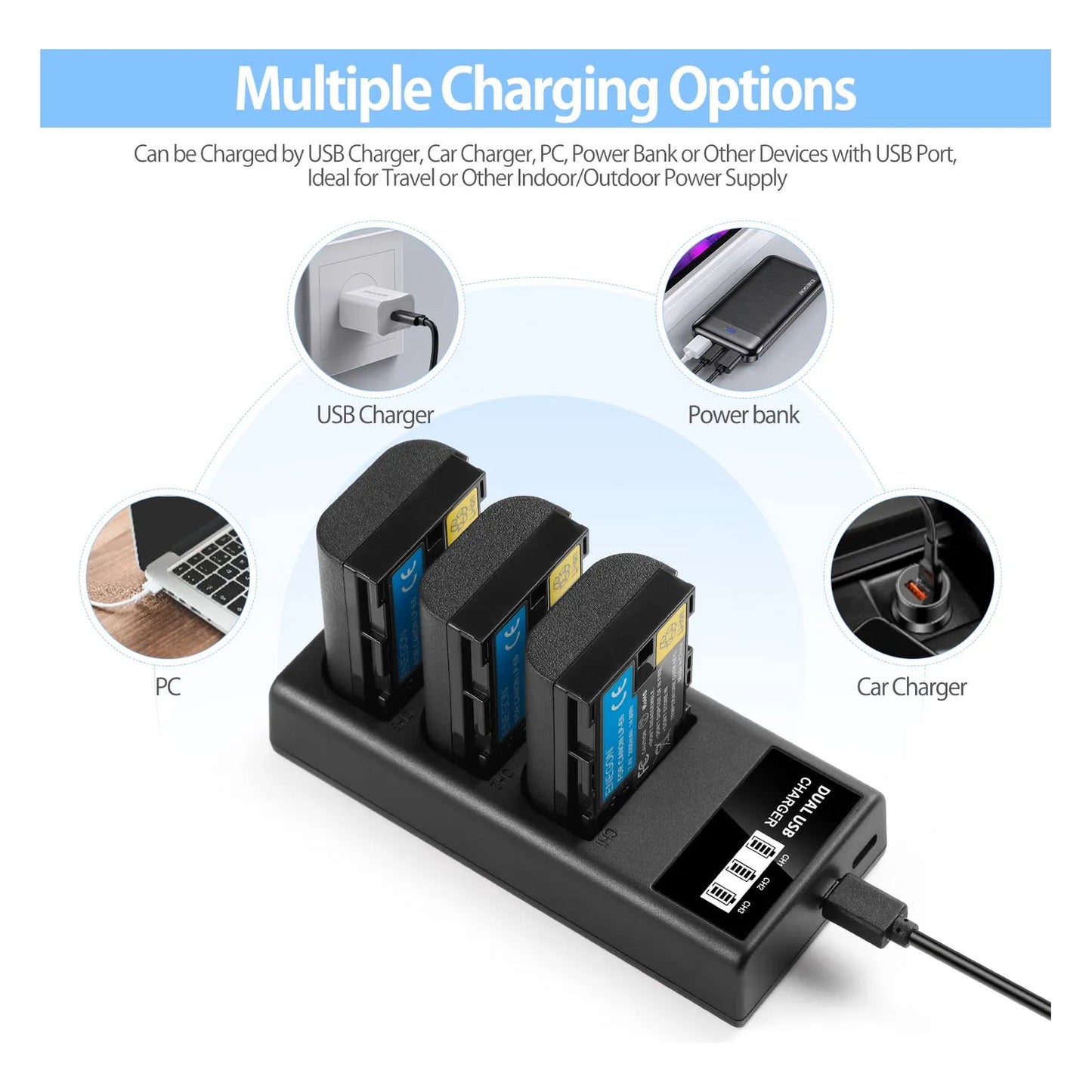 Cargador Usb Lcd Triple Ranura Para Camaras Canon Eos 5d Seguro Y Rapido