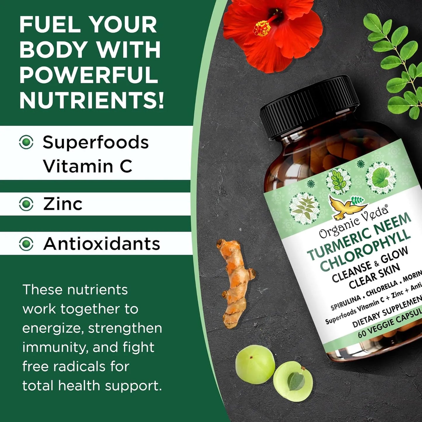 Capsulas Organic De Neem Y Curcuma Con Vitaminas Y Verdura Piel Clara Y Salud Intestinal