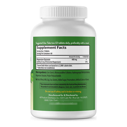 Glicinato De Magnesio 400 Mg Quelado Alta Absorción Alivio Muscular Y Soporte Óseo 120 Tabletas