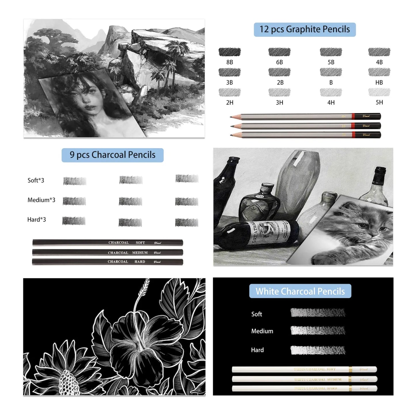 Kit De Dibujo Profesional 73 Piezas Con Lápices Grafito Carboncillo Y Más