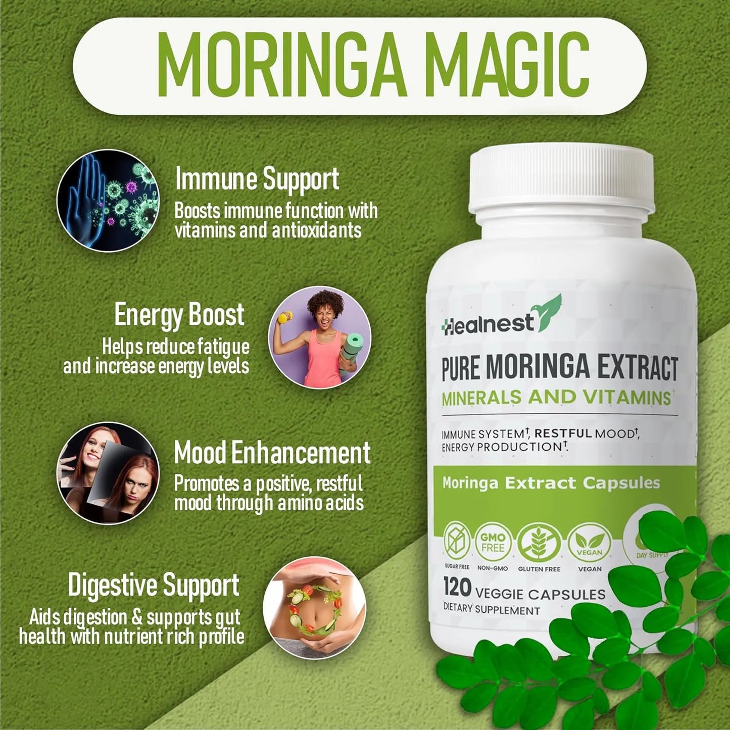 Capsulas Extracto Moringa Pura 20 A 1 20000 Mg Vitaminas Minerales Vegano
