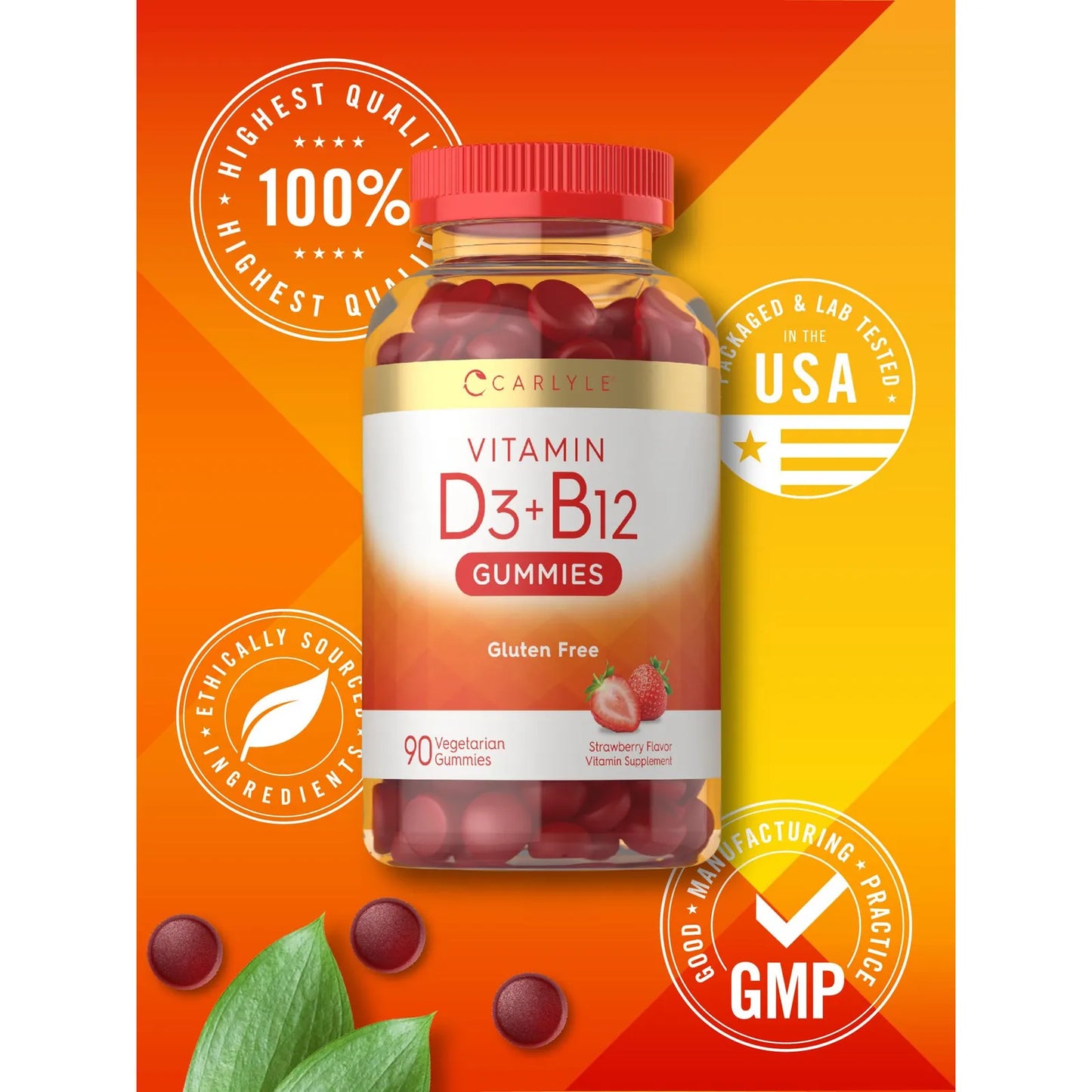 Gomitas De Vitamina D3 Y B12 Sabor Fresa 120 Unidades Suplemento Natural Vegetariano