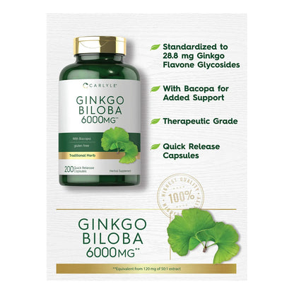 Ginkgo Biloba 6000 Mg 200 Cápsulas Máxima Potencia Suplemento Cognitivo