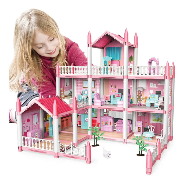 Casa De Muñecas Rosa 3 Pisos 9 Habitaciones Con Muebles Juguete Educativo