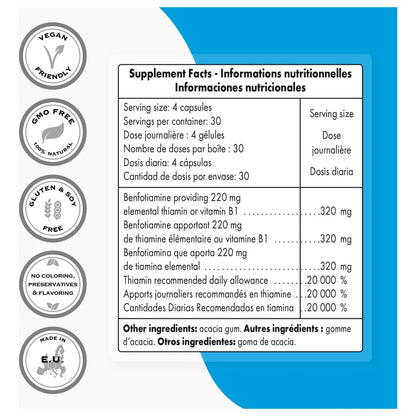 Benfotiamina 320 Mg Suplemento Vitamina B1 Alta Potencia 120 Cápsulas Vegetarianas