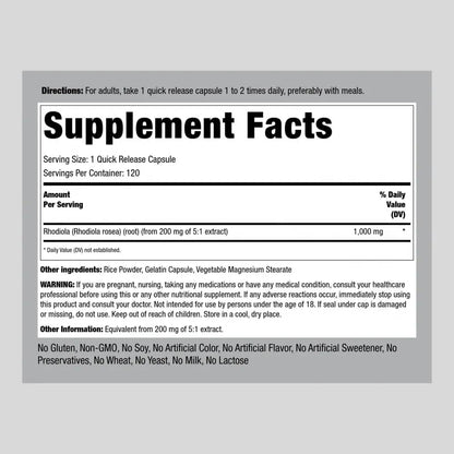 Extracto De Rhodiola Rosea 1000 Mg 120 Cápsulas Energía Natural