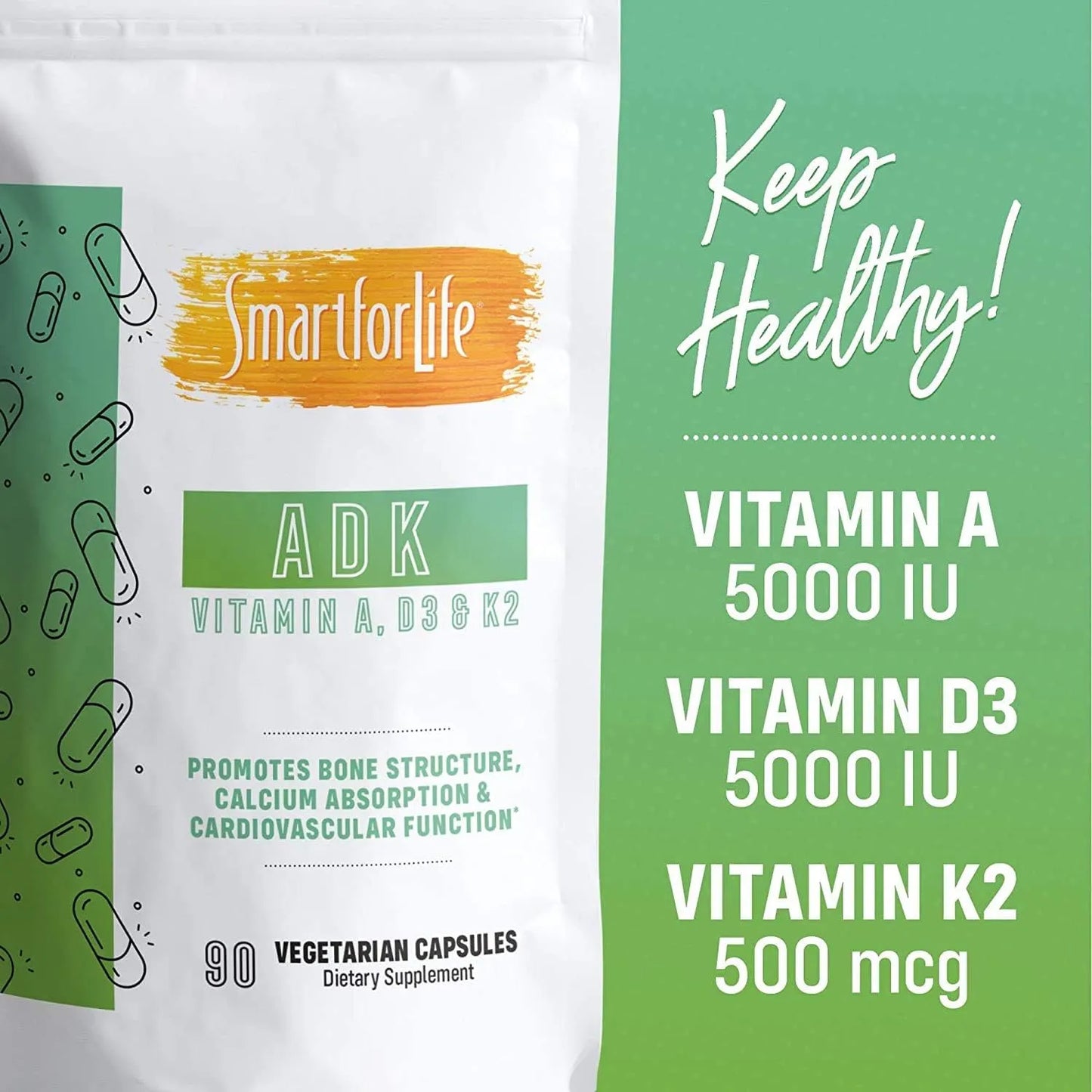 Vitamina Adk Potente 5000 Ui D3 K2 A Salud Ósea Cardíaca 90 Cápsulas