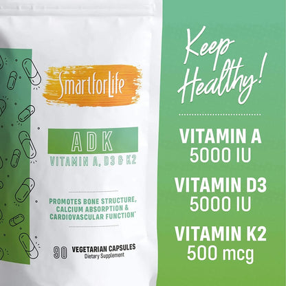 Vitamina Adk Potente 5000 Ui D3 K2 A Salud Ósea Cardíaca 90 Cápsulas