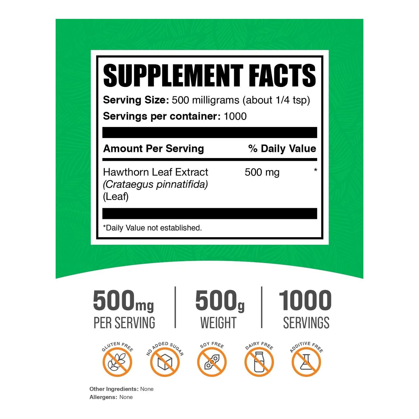 Polvo De Extracto De Hoja De Espino 500 Mg Vegano Sin Gluten 500 G