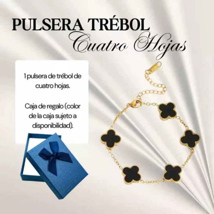Elegante Pulsera Negra Trébol Cuatro Hojas Regalo Joyeria - Imagen 3