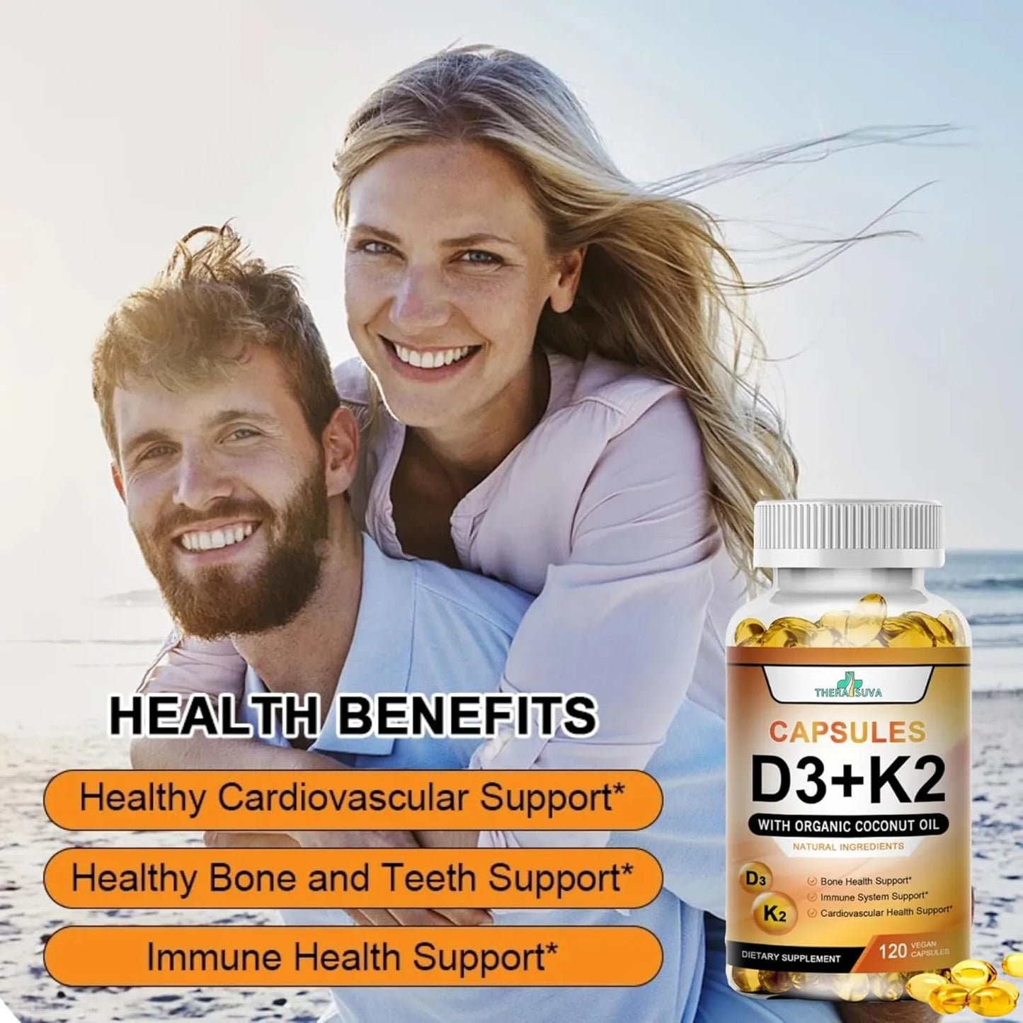 Vitamina D3 5000 Ui Y K2 Alta Potencia Aceite De Coco Orgánico 120 Cápsulas