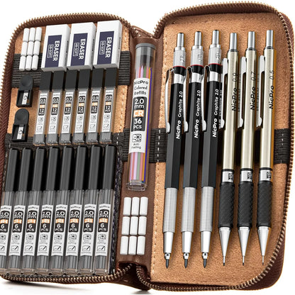 Juego De 30 Lápices Mecánicos Artísticos En Estuche De Cuero Con Minas Multicolor