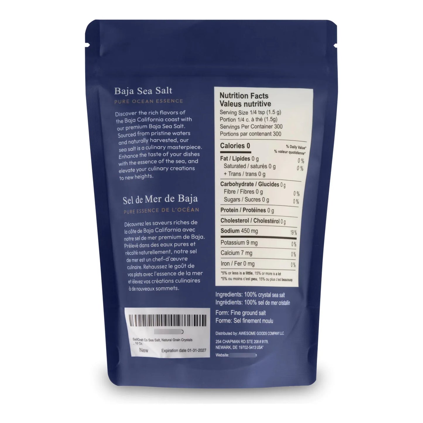 Sal Marina De Baja Cristales Naturales Bajo En Sodio 30% Kosher 16 Onzas