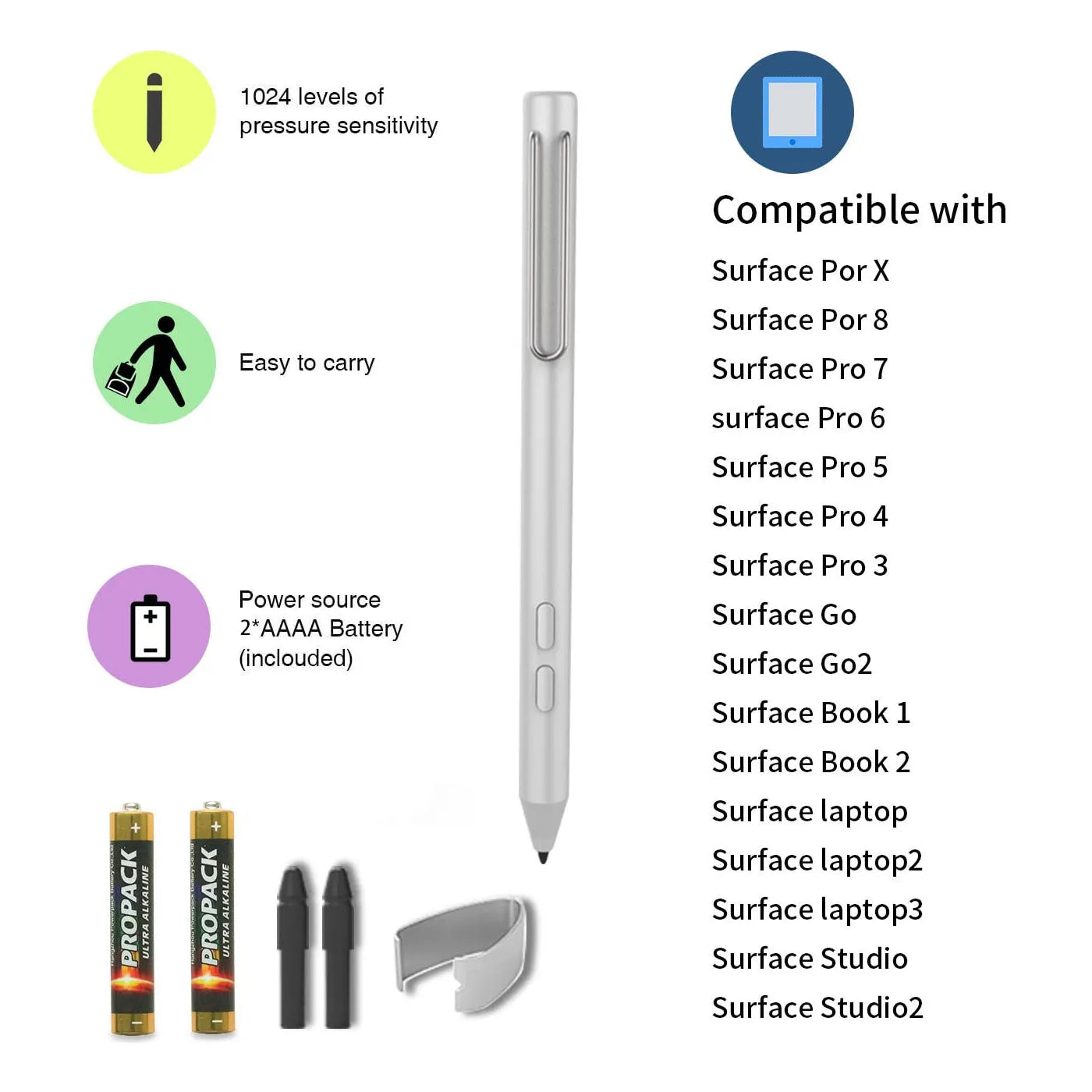 Lápiz Óptico Microsoft Surface 1024 Niveles Sensibilidad Compatible Multi Modelos Incluye Puntas Y Pilas