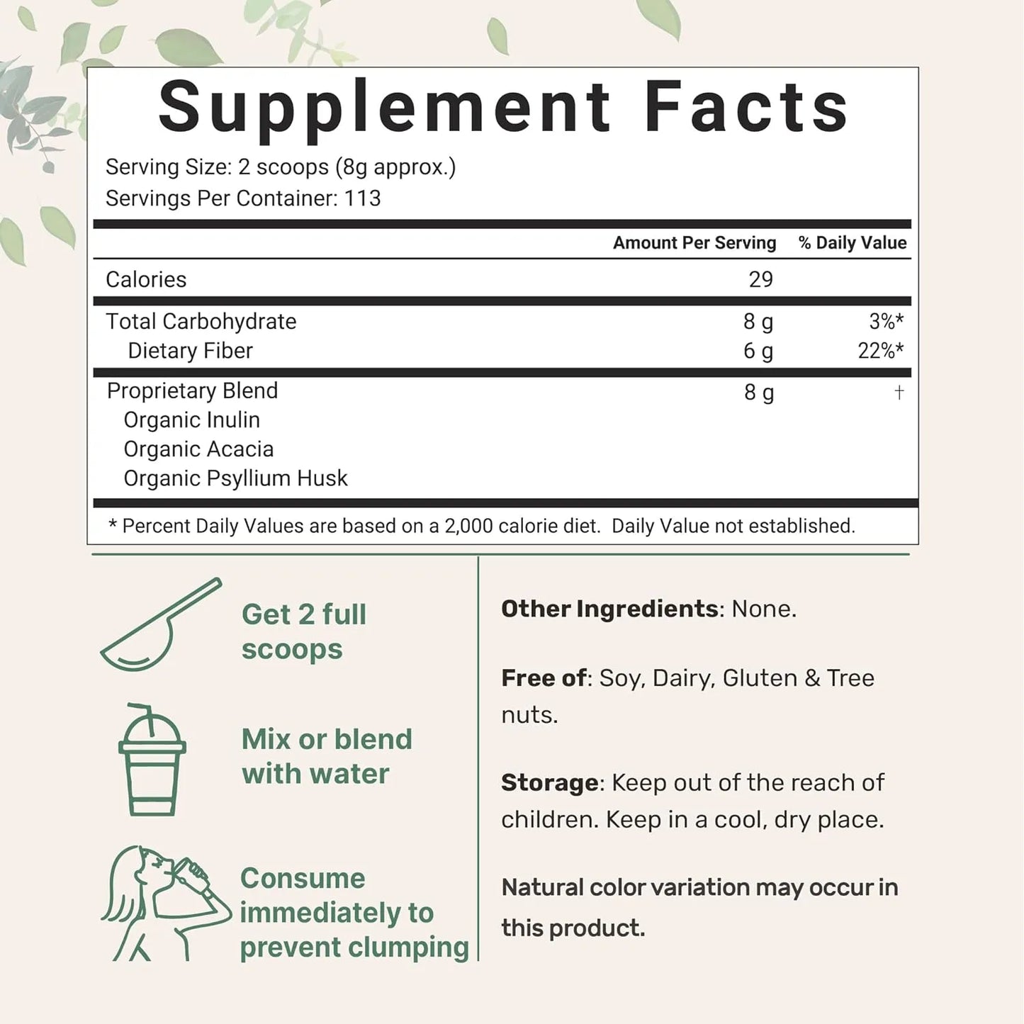 Polvo De Fibra 3 En 1 Inulina Acacia Psyllium Salud Digestiva Y Control De Peso