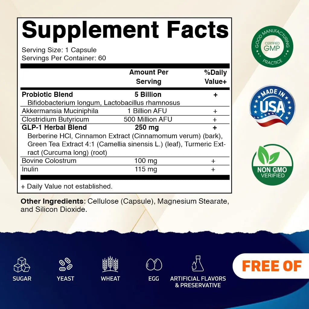 GLP 1 Support Suplemento Para Hombres Y Mujeres 60 Capsulas Con Akkermansia Probióticos Y Berberina