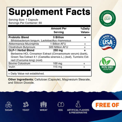 GLP 1 Support Suplemento Para Hombres Y Mujeres 60 Capsulas Con Akkermansia Probióticos Y Berberina