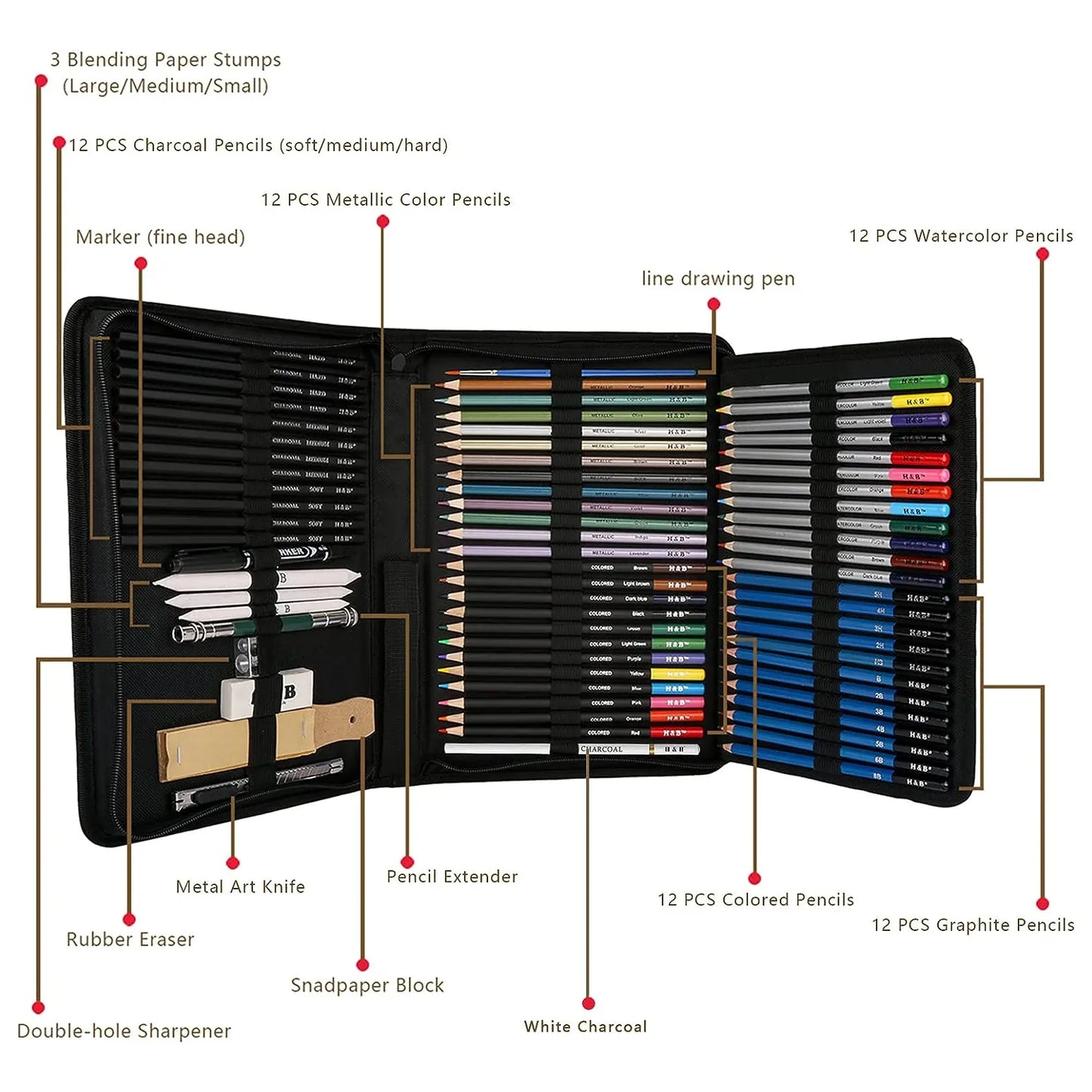 Juego Profesional 72 Lápices Dibujo Estuche SOMOS IMPORTACIONES GOLD Kit Arte Completo