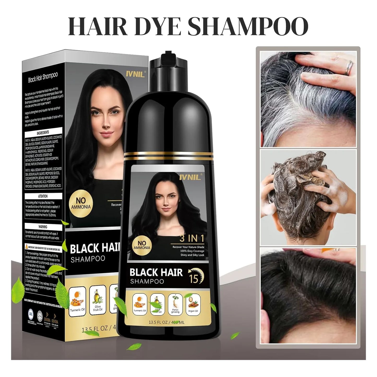Champu Tinte Cabello Negro Permanente 3 En 1 Cobertura Canas 400Ml