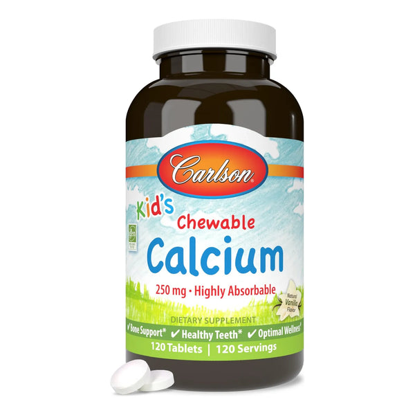 Calcio Masticable Para Niños 250 Mg Sabor Vainilla Huesos Fuertes