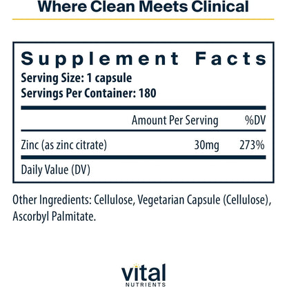 Citrato De Zinc 30 Mg 180 Capsulas Apoyo Inmunologico Vital Nutrients