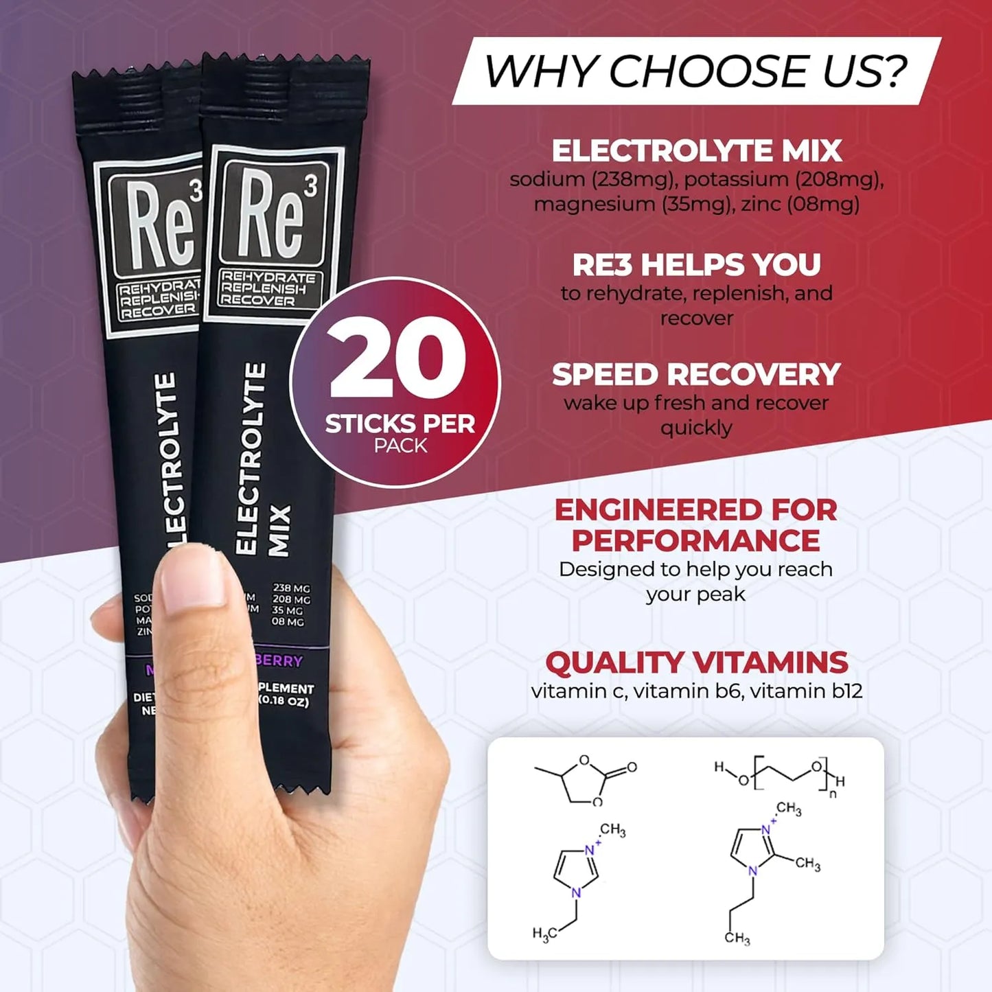 Electrolitos En Polvo Para Hidratación Mezcla De Vitaminas M Re3 Rehydrate Replenish Recover