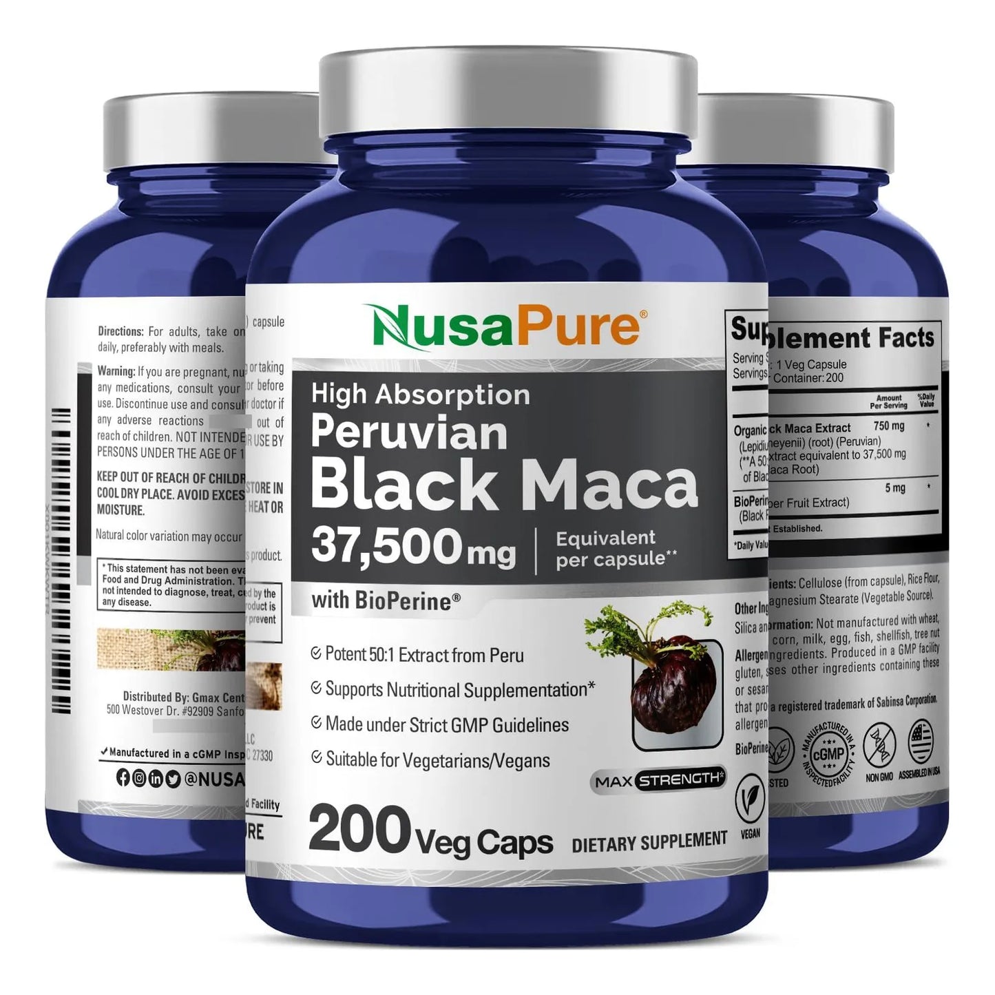 Raíz De Maca Negra 37500 Mg 200 Cápsulas Vegetales Vegano Sin OMG