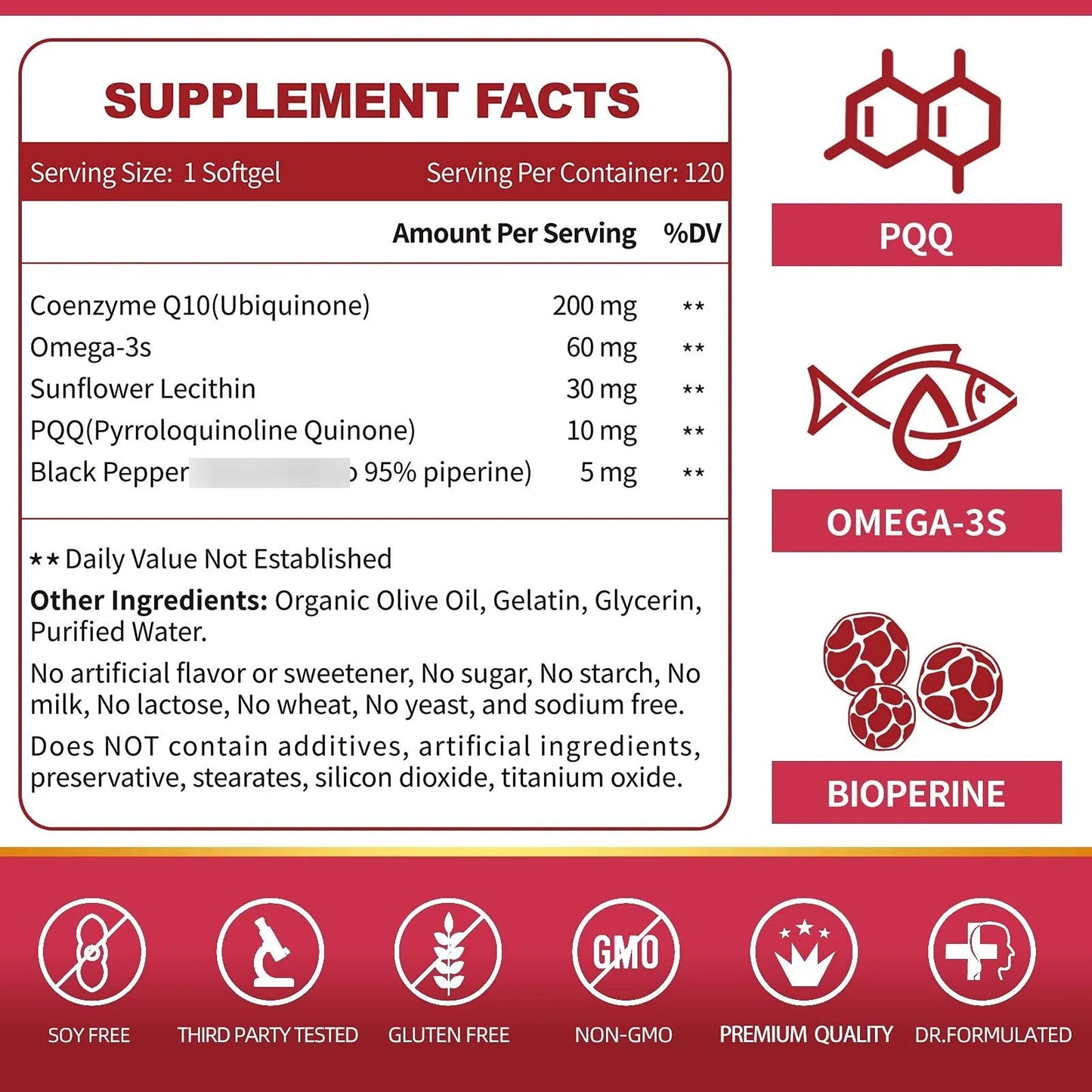 Capsulas Blandas Coenzima Q10 200mg Con PQQ BioPerine Omega3 120 Unidades