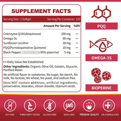 Capsulas Blandas Coenzima Q10 200mg Con PQQ BioPerine Omega3 120 Unidades