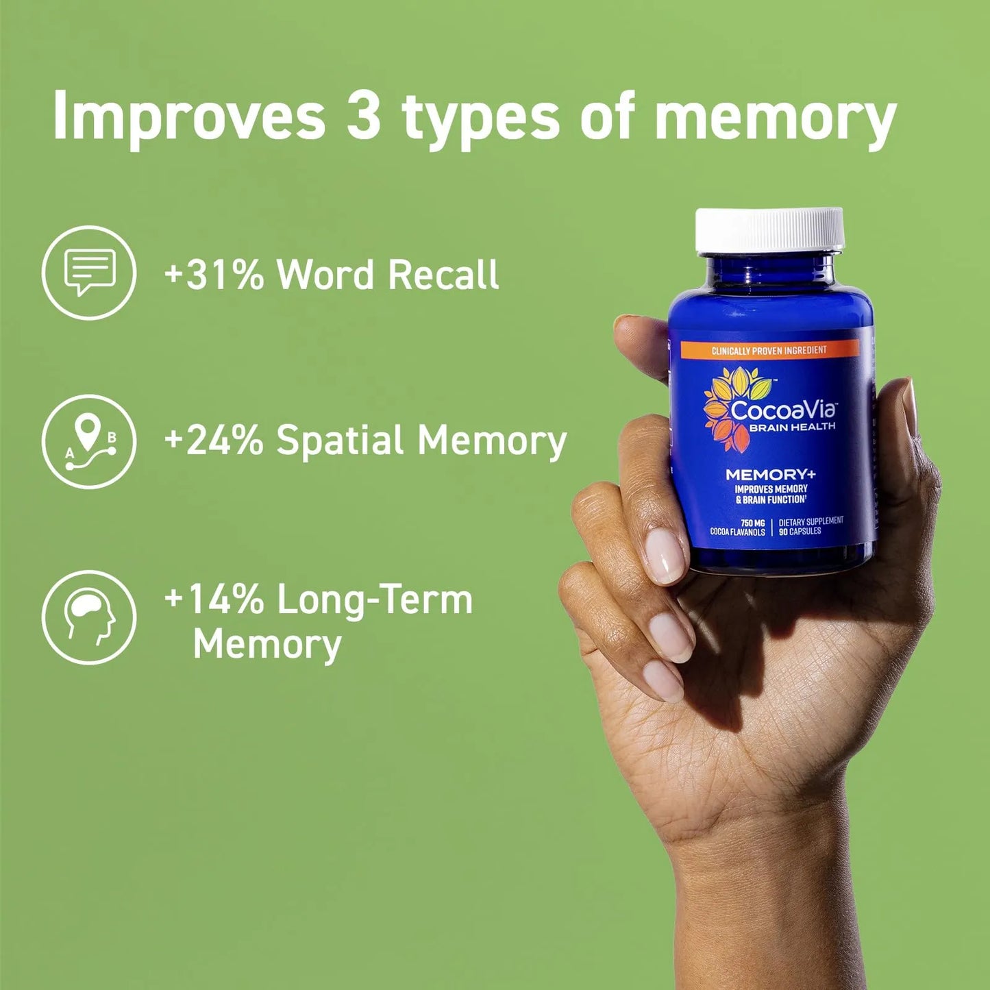Memory+ Suplemento Cerebral Con Flavanoles De Cacao 750 Mg Para Memoria Y Concentracion 180 Capsulas Vegano
