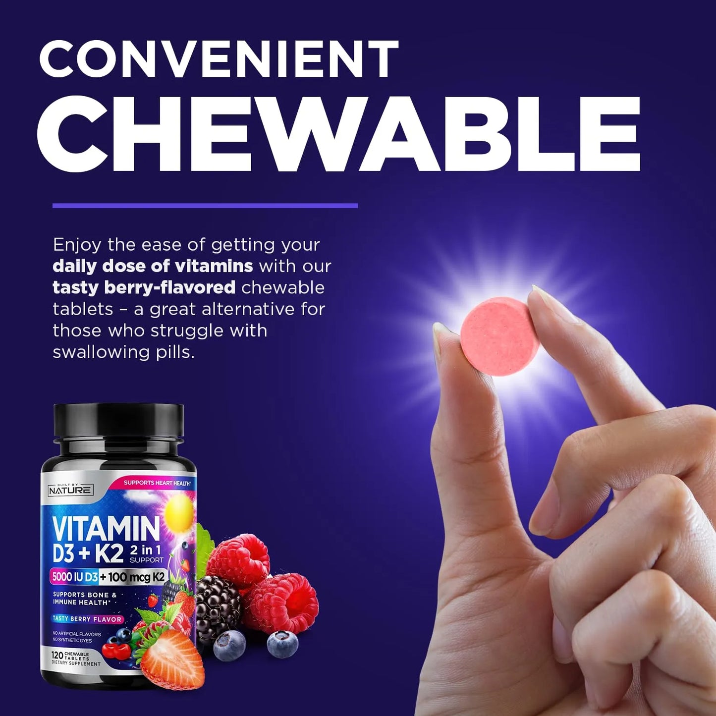 Vitamina D3 K2 Masticable 5000 Ui Y 100 Mcg Mk7 Sabor Bayas 120 Tabletas