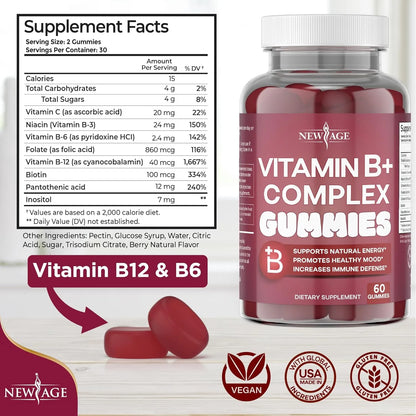 Gomitas De Vitamina B Con Biotina Y Acido Folico NEW AGE 60 Unidades Veganas Sin Gluten