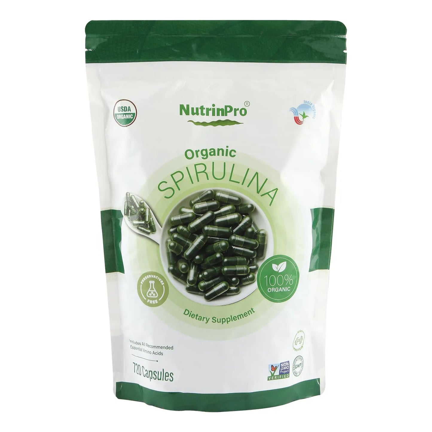 Cápsulas De Espirulina Orgánica USDA 720 Unidades 100 Pura Vegano Sin Gluten